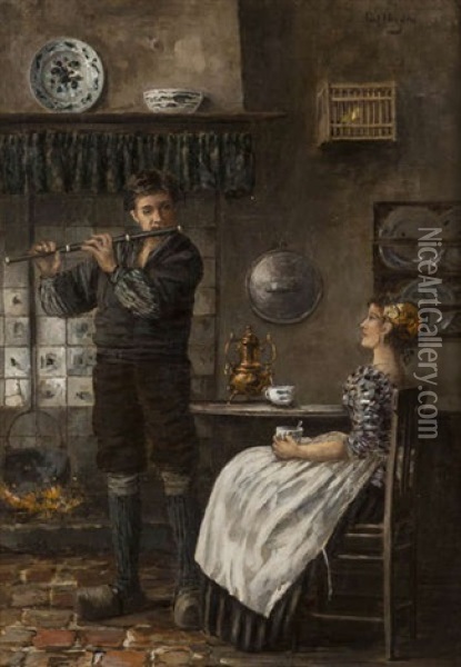Flutiste Et Jeune Fille A La Cuisine Oil Painting - Karl Heyden