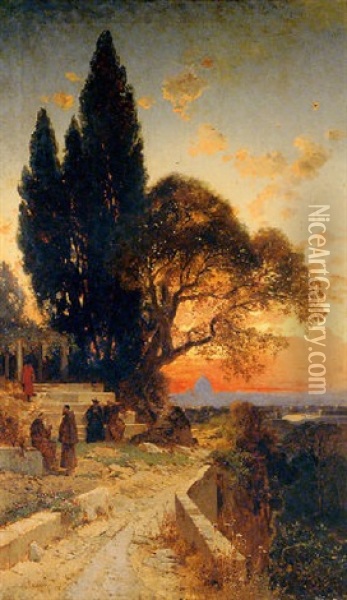 The Monastery Gardens With A View Of Rome Beyond Oil Painting - Hermann David Salomon Corrodi