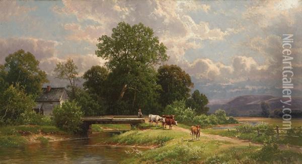 Herding Cattle Across A Bridge Oil Painting - Carl Weber