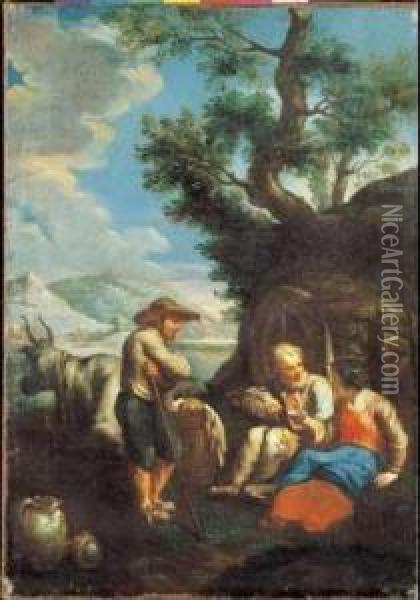 A) Pastori Al Bivacco B) I Suonatori Di Mandolino Oil Painting - Paolo Monaldi
