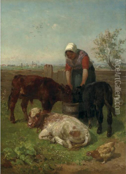 Milkmaid With Cattle At Pasture Oil Painting - Constant Troyon