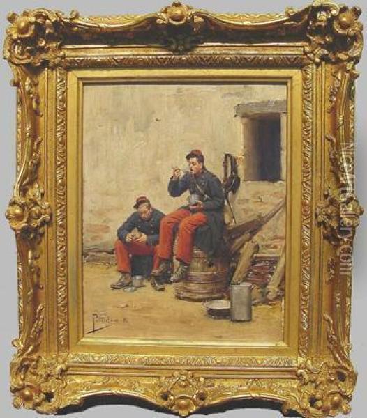 Two Soldiers Break For A Meal Oil Painting - Paul Louis Narcisse Grolleron
