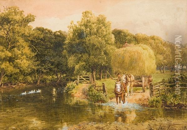 Horse And Cart In A River Landscape Oil Painting - Thomas Pyne