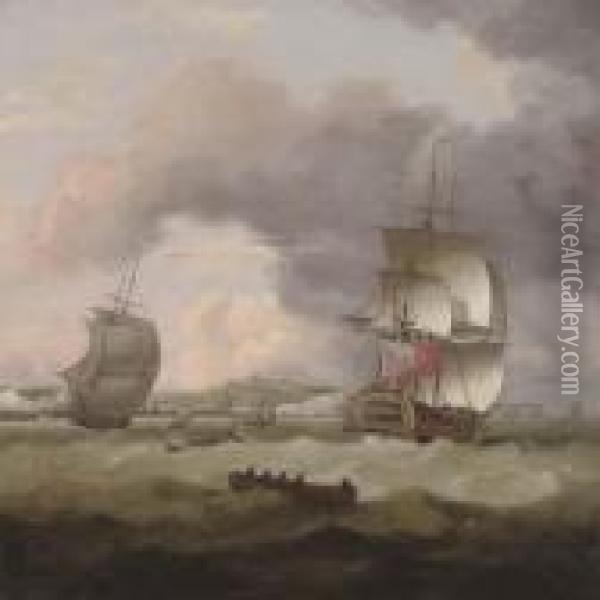 An English Frigate Running Up The Channel With Dover Off To Port Oil Painting - Thomas Luny