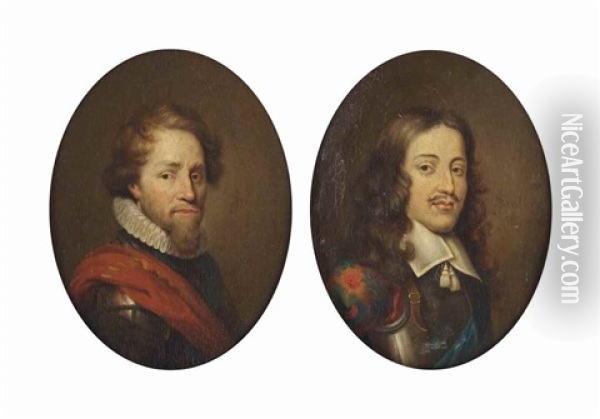 Portrait Of Prince Maurits (1576-1625), Bust-length, In Armour With A White Collar And An Orange Sash; And Portrait Of Prince Willem Ii (1626-1650), Bust-length, In Armour With A Flat White Collar With Tassels And A Blue Sash Oil Painting - Jan Stolker