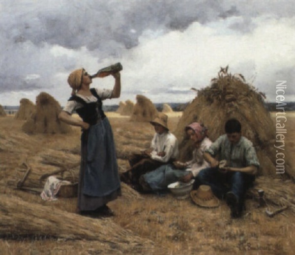 The Harvesters' Lunch Oil Painting - Charles Bousquet