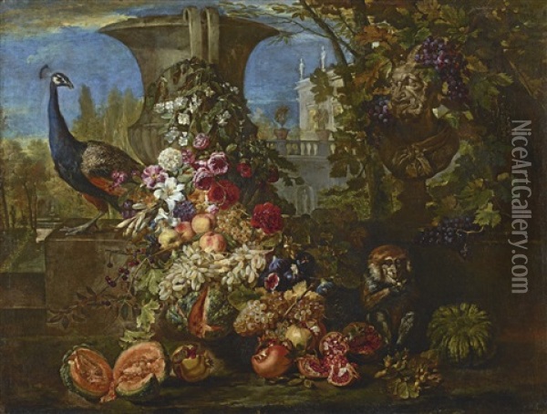 Still Life With A Peacock And Monkey In A Wooded Landscape Oil Painting - David de Coninck
