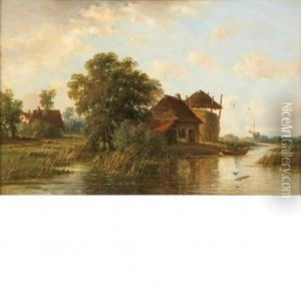 River Landscape In Holland Oil Painting - Cornelis I Westerbeek