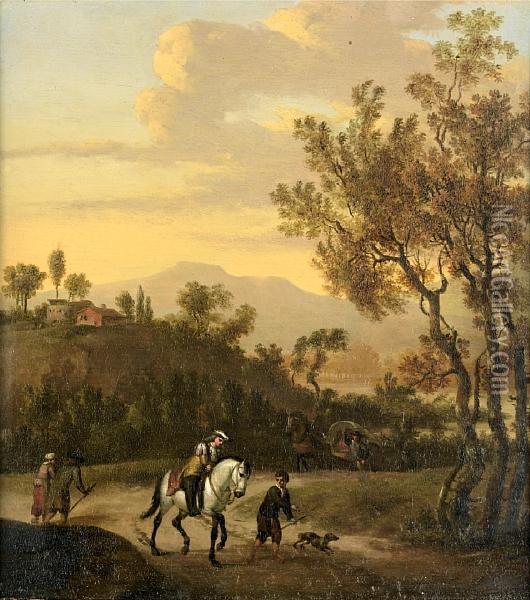 Travellers On A Country Path In A Summer Landscape Oil Painting - Jan Wyck