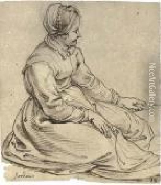 A Seated Girl Wearing A Cap, In Profile To The Right, Turning A Spit Oil Painting - Peter Paul Rubens