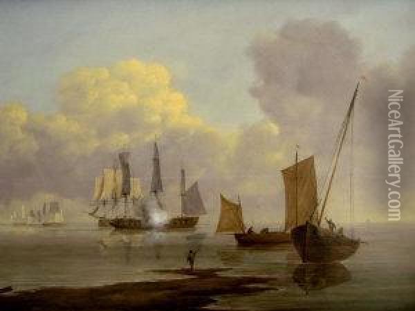 Shipping Scene In Calm Waters Oil Painting - Thomas Luny