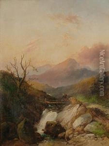 A Traveller Crossing A Bridge Over A Waterfall, Mountains In The Distance Oil Painting - Joseph Horlor
