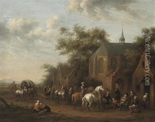 Figures On Horseback At Rest By An Inn Oil Painting - Barent Gael