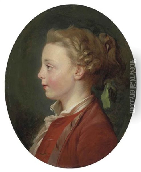 Portrait Of A Child, In A Red Coat And White Shirt, With A Green Ribbon Oil Painting - Jean Baptiste Huet