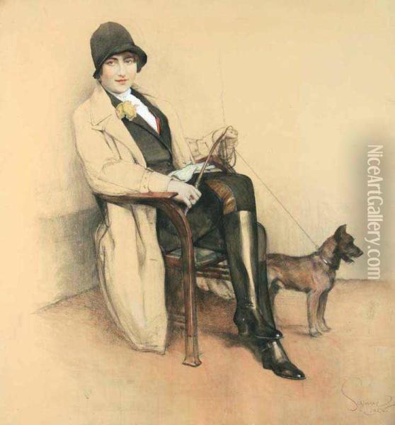 A Seated Lady With A Dog Oil Painting - Robert Chlosser