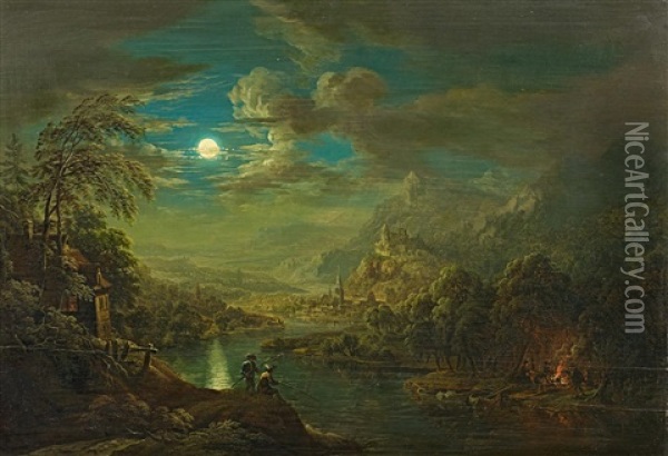 Flusslandschaft Im Mondschein Oil Painting - Christian Georg Schuetz the Elder