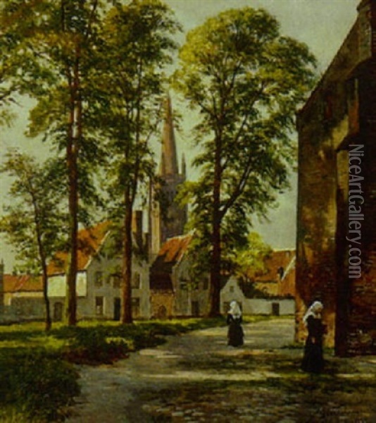 Parti Fra Brugge Med Kirke Og Nonner Oil Painting - August Fischer