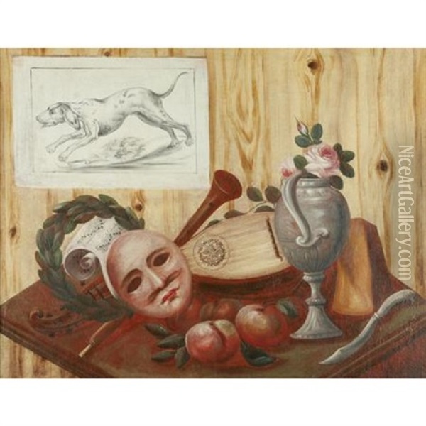 A Trompe L'oeil Of A Mandolin, Flute, Mask, Music Sheet Oil Painting - Antonio (lo Scarpetta) Mara