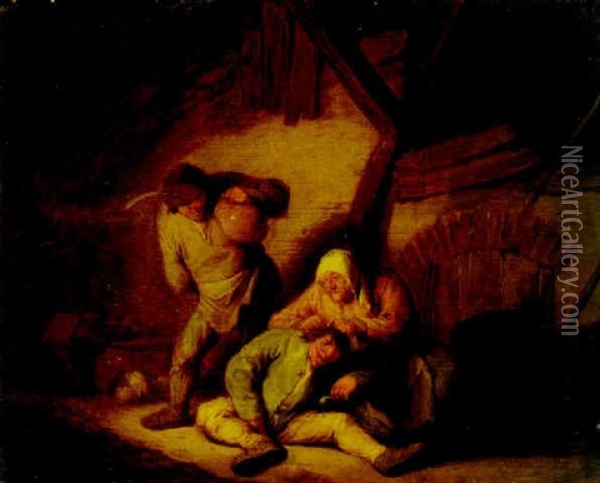 A Peasant Interior With An Old Woman De-lousing A Man Oil Painting - Adriaen Jansz van Ostade