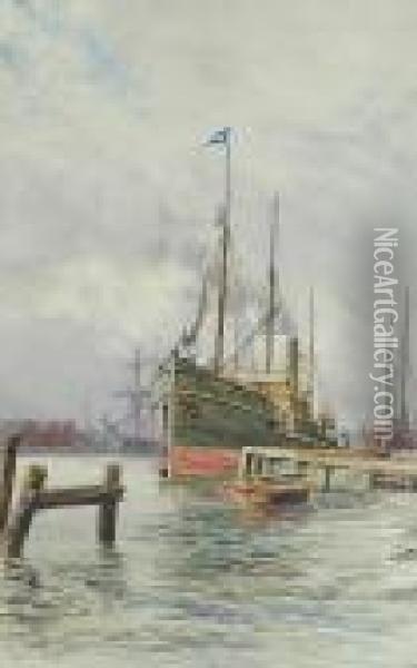 The Amelia Alongside A Wharf Oil Painting - Stephen John Batchelder