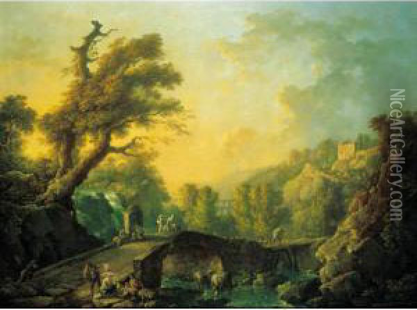 A River Landscape With Herders And Travellers Crossing A Bridge Oil Painting - Carlo Bonavia