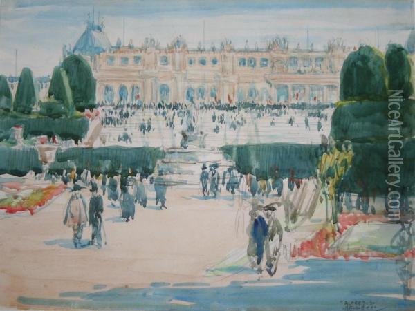 Elegant Figures In Paris (jardin Du Luxembourg?) Oil Painting - Alfred Bennett