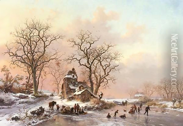 A Winter Landscape With Skaters Near A Hamlet Oil Painting - Frederik Marianus Kruseman