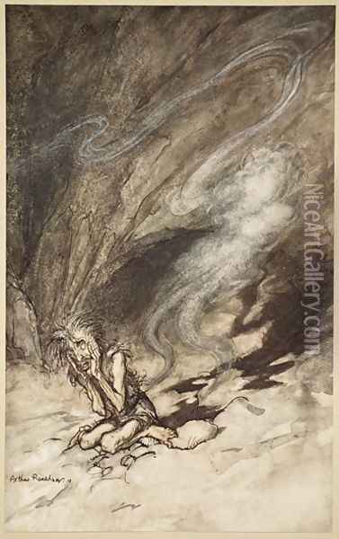 Mime writhes under the lashes he receives, illustration from The Rhinegold and the Valkyrie, 1910 Oil Painting - Arthur Rackham