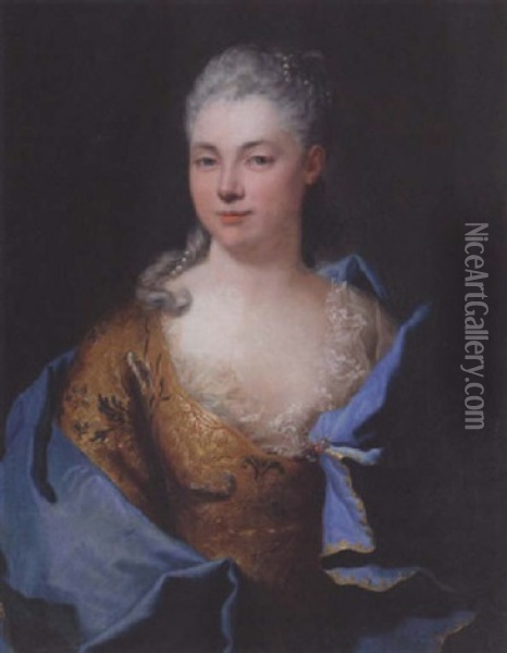 Portrait Of A Lady Wearing An Ochre Dress And A Blue Mantle Oil Painting - Nicolas de Largilliere