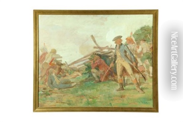 Fight At The Rail Fence, Bunker Hill (sketch) Oil Painting - John Ward Dunsmore
