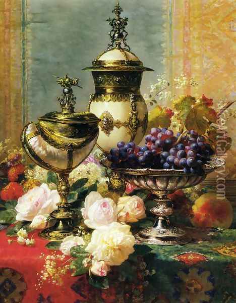 A Still Life with Roses, Grapes and A Silver Inlaid Nautilus Shell Oil Painting - Jean-Baptiste Robie