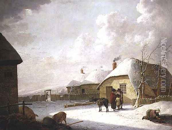 Figures Outside a Cottage in the Snow Oil Painting - Hendrik Willem Schweickardt