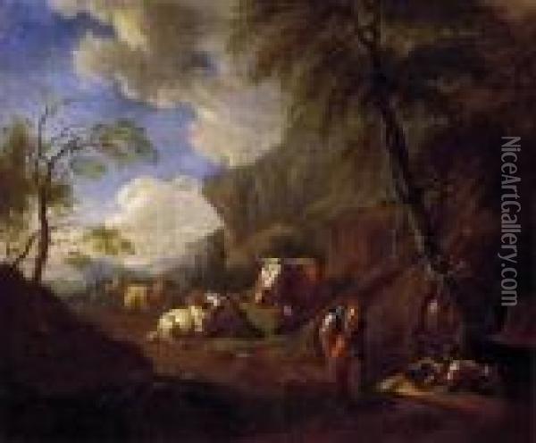 Italian Landscape With Resting People By The Fountain Oil Painting - Johan Heinrich Roos