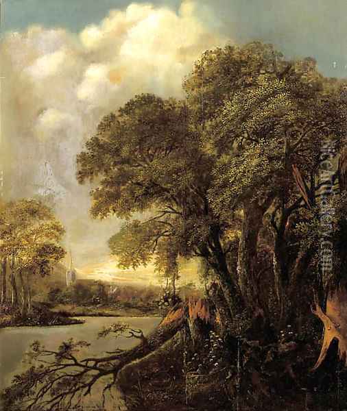 A wooded river landscape with a village in the distance Oil Painting - Salomon Rombouts
