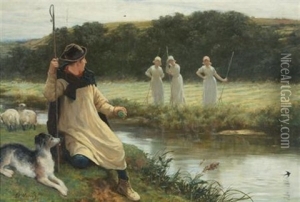 Young Shepherd In A Pastoral Landscape With Figures Oil Painting - Philip Richard Morris
