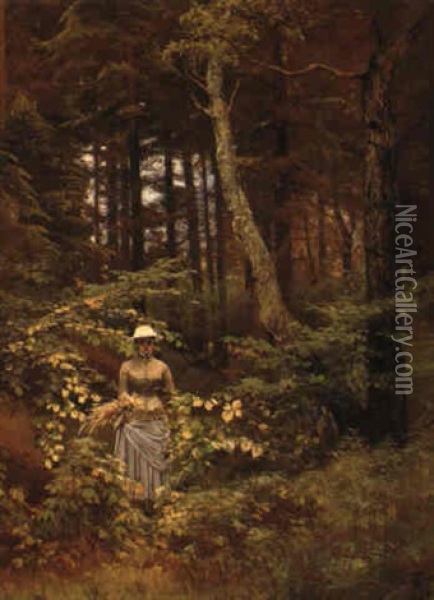 Young Girl Walking In The Forest Oil Painting - Thorvald Simeon Niss