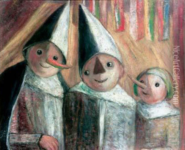 Trois Enfants Sous Les Petits Drapeaux Oil Painting - Tadeusz Makowski