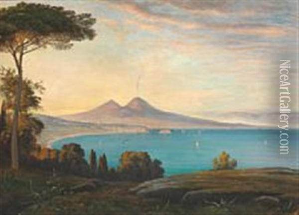 The Bay Of Naples With A View Of Mount Vesuvius Oil Painting - Thorald Brendstrup