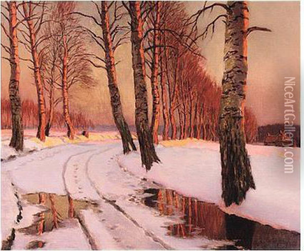 Sunset Over The Birch Trees Oil Painting - Germashev Mikhail