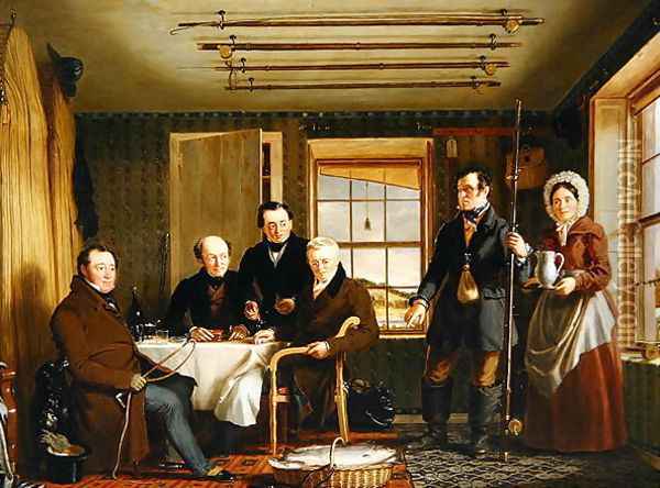 Discussing a Catch of Salmon in a Scottish Fishing-Lodge, c.1840 Oil Painting - William Shiels