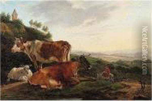 Landscape With Cattle And Sheep Resting, A Town Beyond Oil Painting - Jean-Francois Legillon