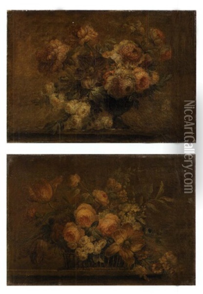 Corbeille De Fleurs (+ Another, Similar; Pair) Oil Painting - Michel Bruno Bellanger