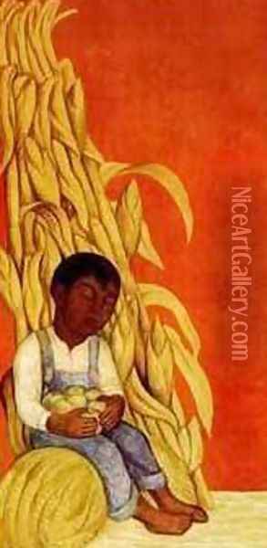 Nino Indigena Con Tallos De Maiz Oil Painting - Diego Rivera