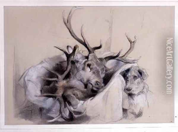 Stags Heads and Dog Oil Painting - Sir Edwin Henry Landseer