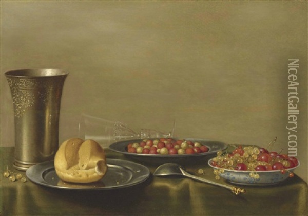 An Engraved Silver Beaker And Spoon, A Bread Roll And Berries On Pewter Plates And An Overturned Wine Glass On A Draped Table Oil Painting - Floris Gerritsz. van Schooten