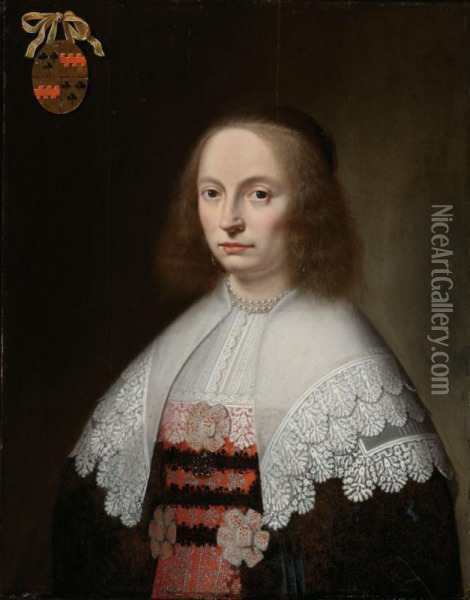 Sold By The J. Paul Getty Museum To Benefit Future Painting Acquisitions
 

 
 
 

 
 A Portrait Of A Lady Of The Beljaart Family, Half Length, Wearing A Black And Red Embroidered Dress With A White L Oil Painting - Paulus Hennekyn