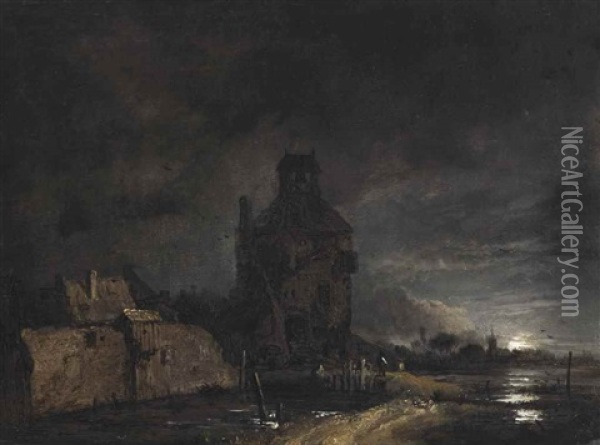 A Moonlit River Landscape With A Bell Tower And A City Wall Oil Painting - Aert van der Neer