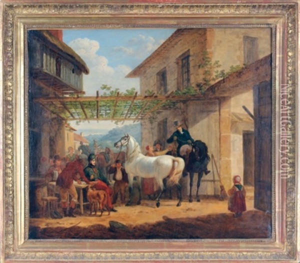Halte De Cavaliers Sous Une Tonnelle Oil Painting - Edouard Swebach