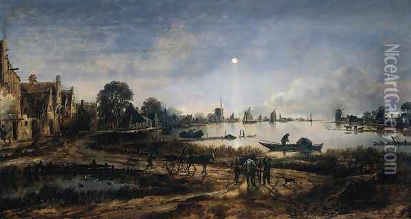 River View by Moonlight Oil Painting - Aert van der Neer