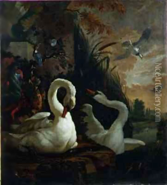 A Pair of Mute Swans, One Preening Oil Painting - Abraham Bisschop Dordrecht